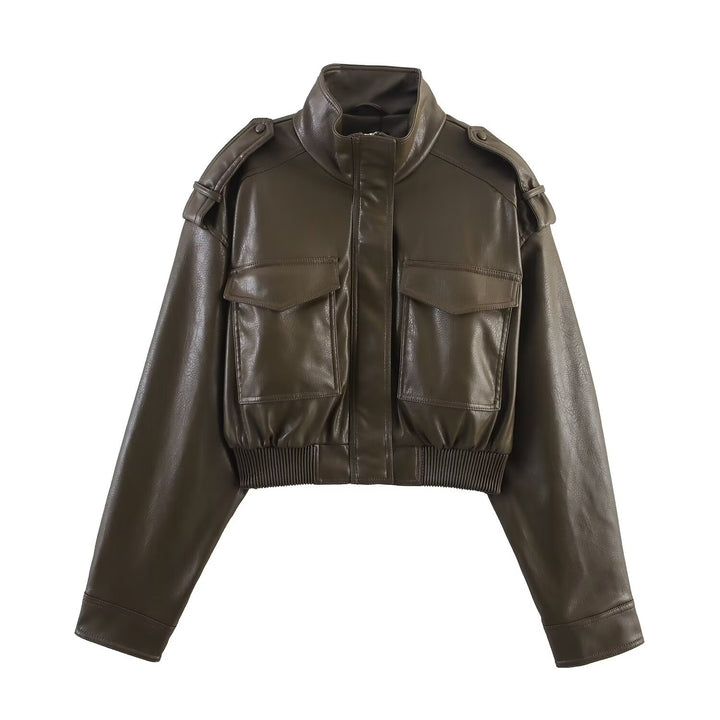 Women's 20+ tailored cropped leather-look bomber jacket with epaulettes Mune Fashion