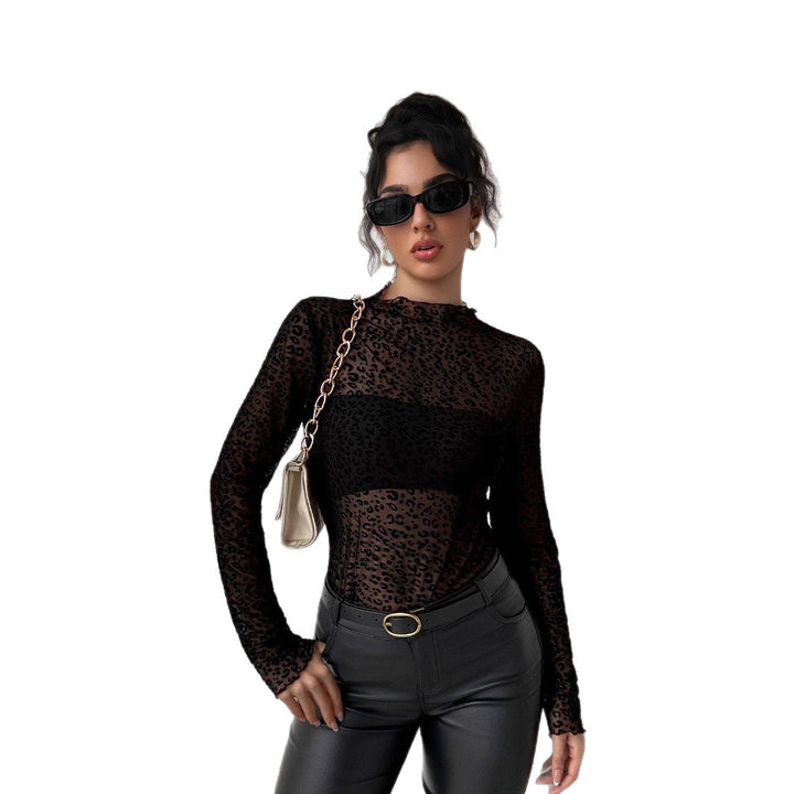 Women's tight-fitting transparent mesh top with raised velour flock leopard print and stand-up collar Mune Fashion