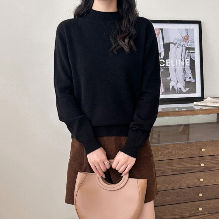 Women's Fine Fine Knit Sweater with Short Stand-Up Collar and Cashmere Look Mune Fashion