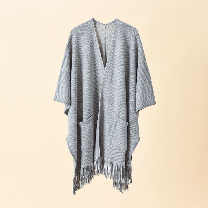 Ladies Open Oversize Knit Cape with Cashmere Touch, Fringes and Pockets Mune Fashion
