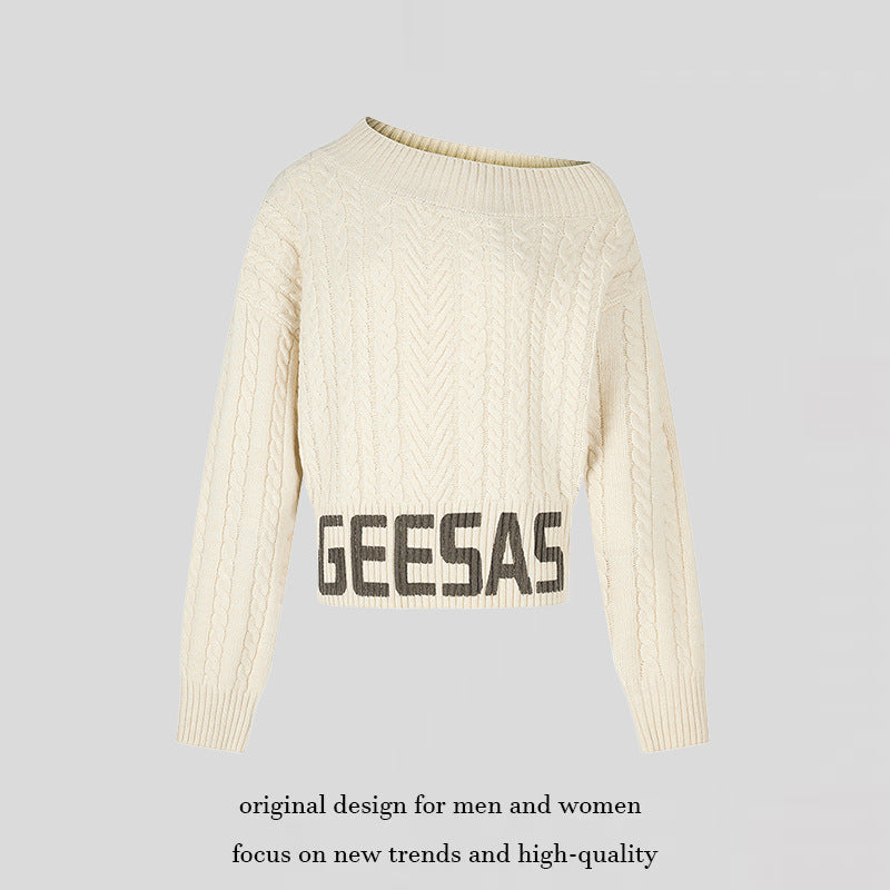 Women's short braid knit sweater with wide boat neckline and distinctive logo waistband Mune Fashion