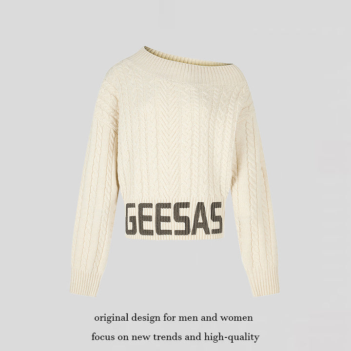 Women's short braid knit sweater with wide boat neckline and distinctive logo waistband Mune Fashion