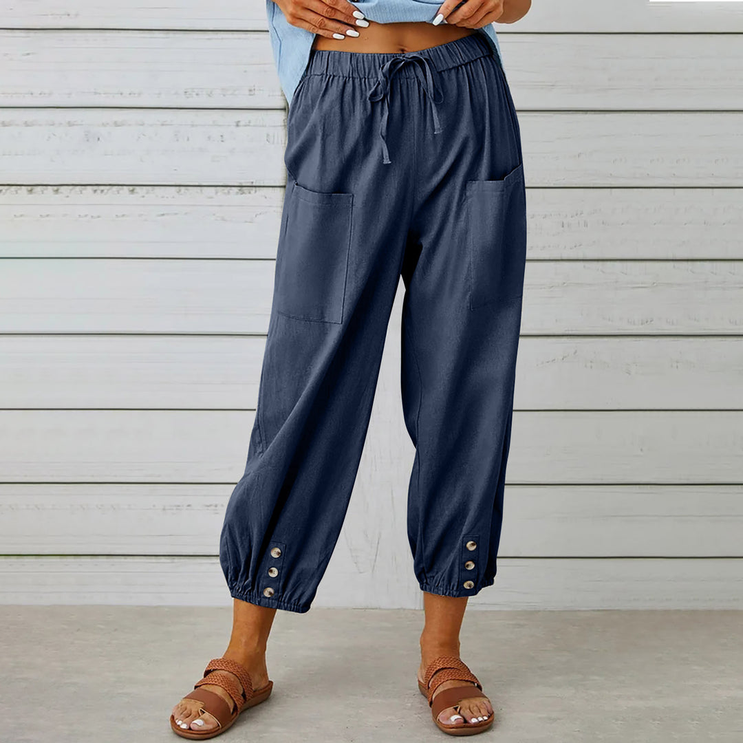 Women’s lightweight cotton-linen pants with drawstring, patch pockets and buttoned cuffs Mune Fashion