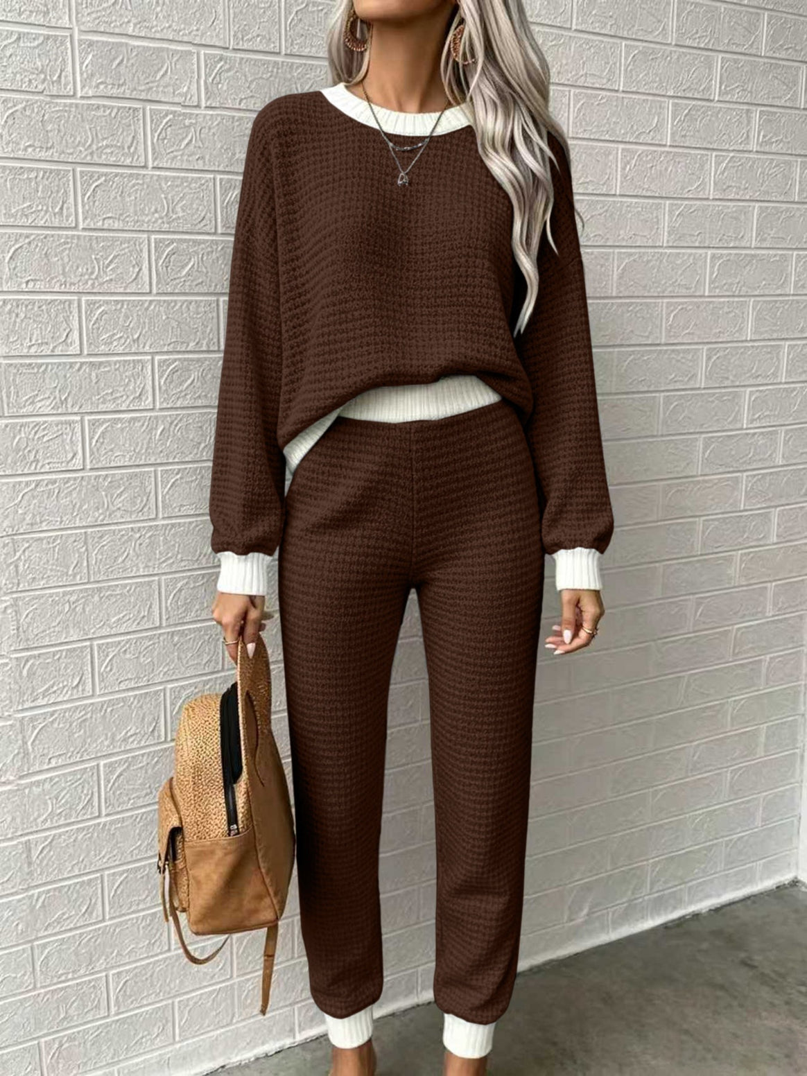 Women Comfortable Waffle Knit Lounge Set with Ribbed Cuffs Mune Fashion