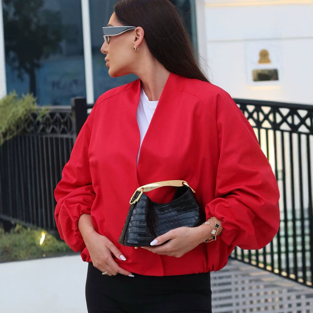 Women short cut oversized wrap jacket with balloon sleeves Mune Fashion