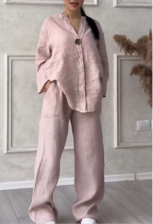 Women's casual linen relax set with wide pants and shirt blouse Mune Fashion
