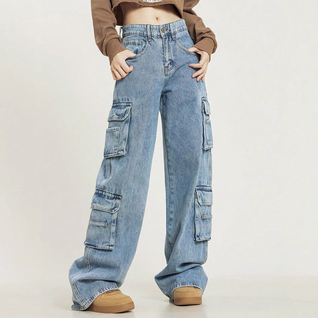 Women's Loose Cargo Denim Jeans with Multiple Flap Pockets and Relaxed Fit Mune Fashion