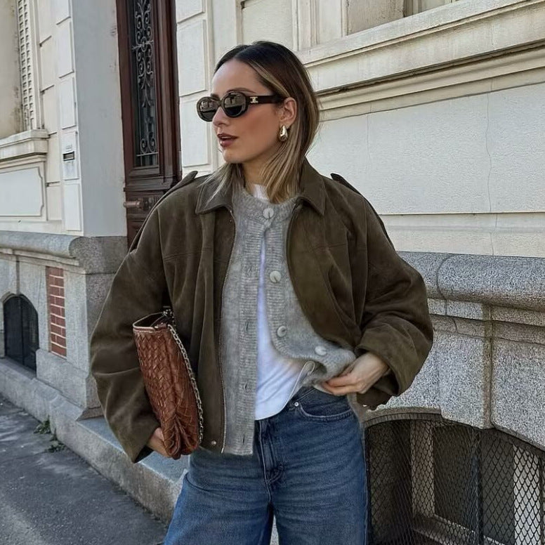 Ladies Oversized Suede Jacket with Shoulder Flaps, Concealed Button Placket and Elastic Hem Mune Fashion