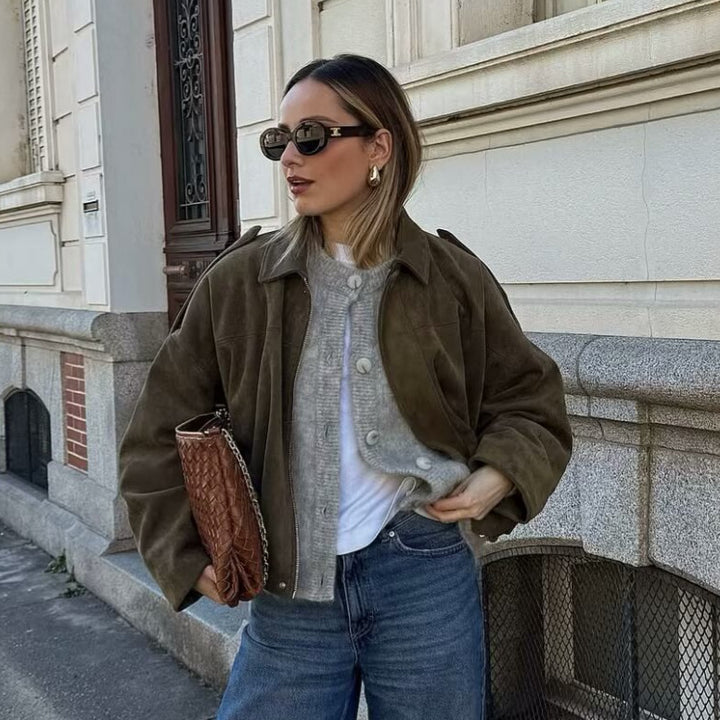 Ladies Oversized Suede Jacket with Shoulder Flaps, Concealed Button Placket and Elastic Hem Mune Fashion