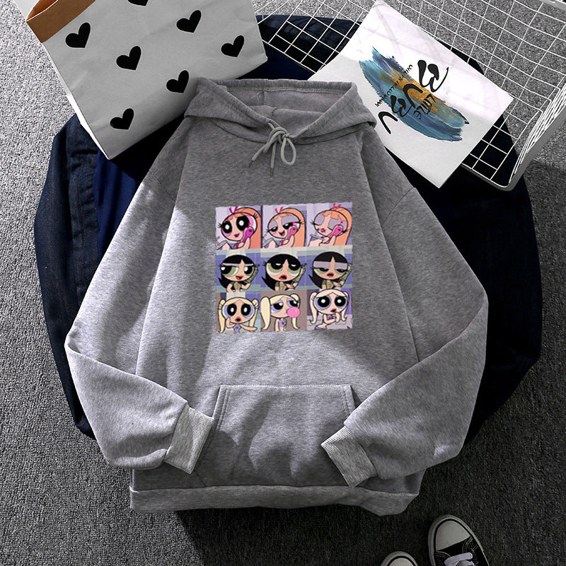 Women's casual hoodie with square cartoon collage print, soft fleece lining, and kangaroo pocket Mune Fashion