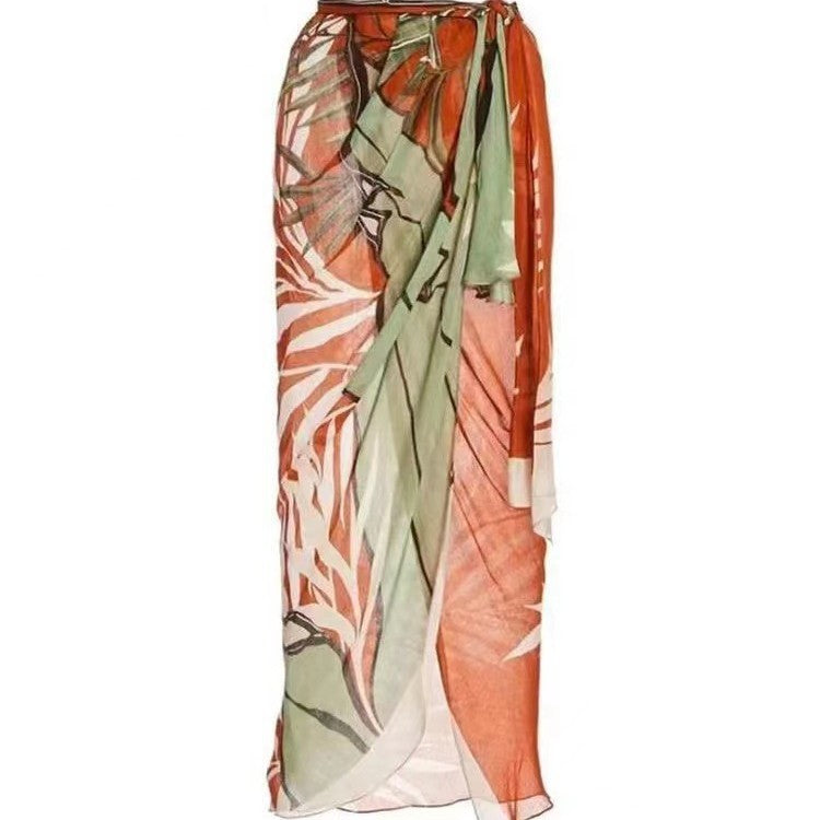 Women’s one-piece swimsuit with asymmetric cut and floral wrap skirt Mune Fashion