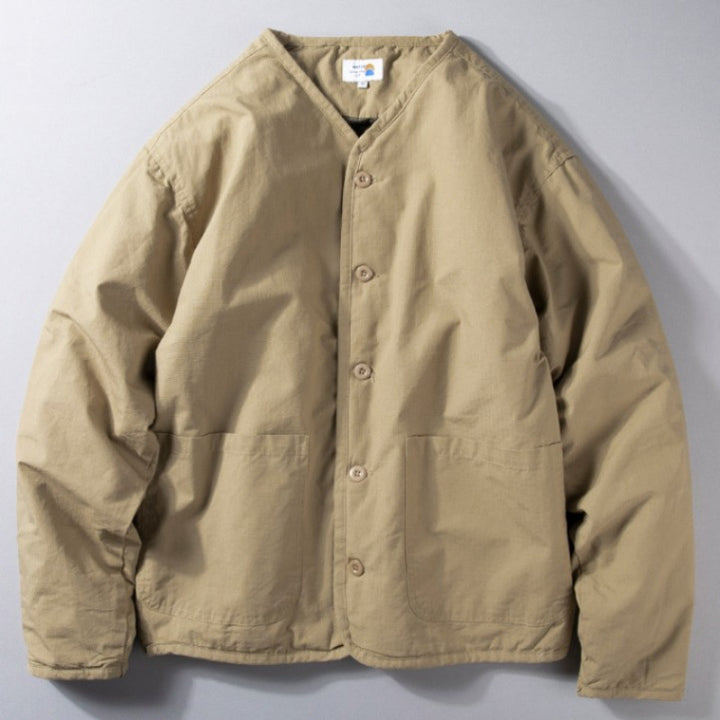 Men's light quilted collarless transitional jacket with button placket and patch pockets Mune Fashion