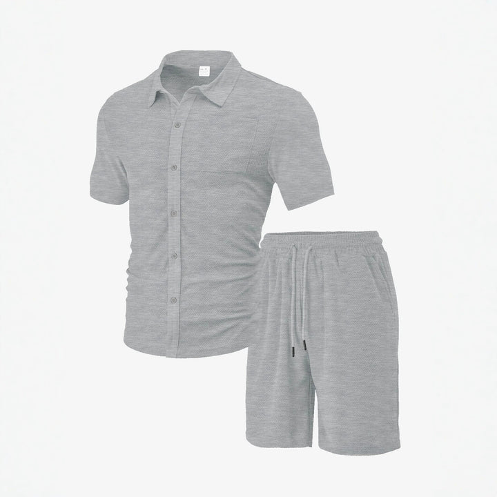 Men's buttoned leisure set with shirt collar herringbone structure chest pocket and drawstring shorts Mune Fashion