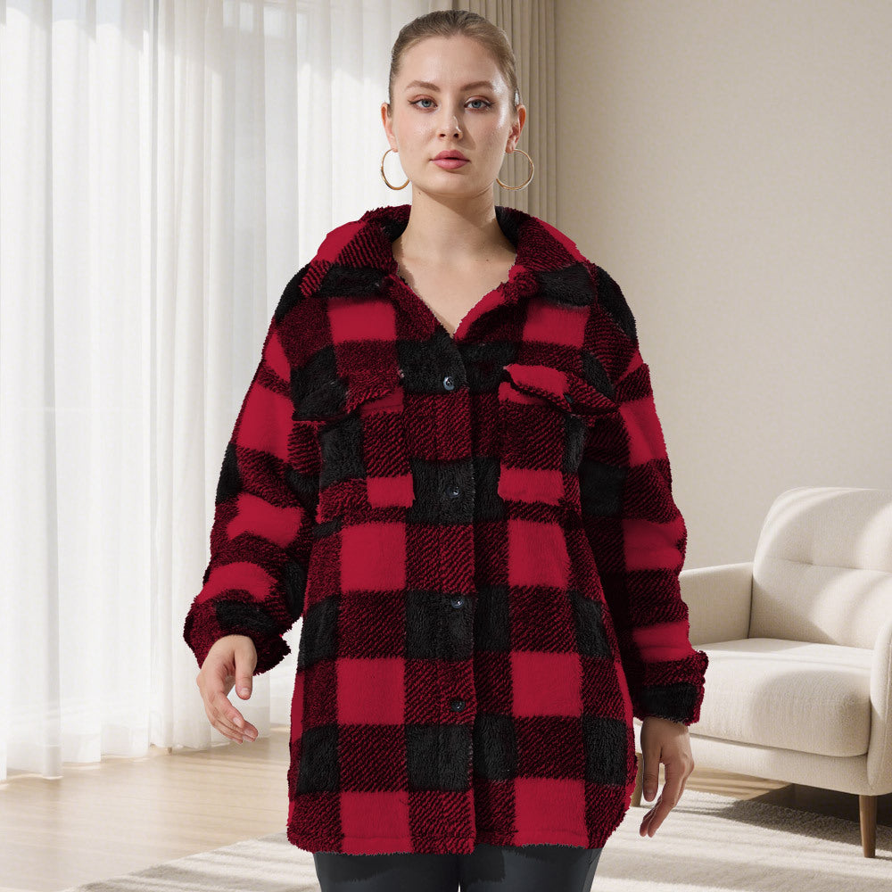 Women's Oversized Teddy Shirt Jacket with Check Pattern Mune Fashion