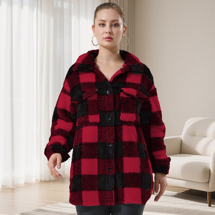 Women's Oversized Teddy Shirt Jacket with Check Pattern Mune Fashion