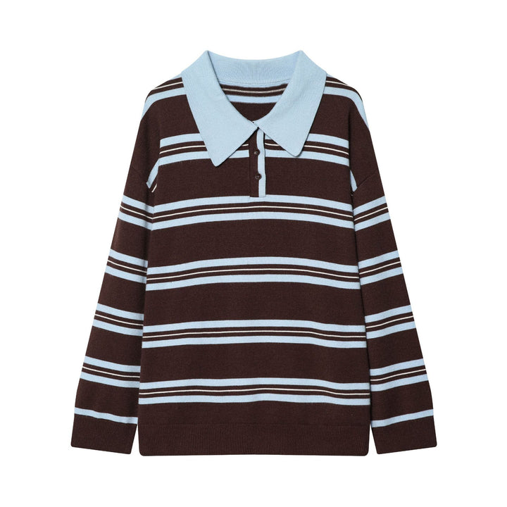 Women's striped fine knit polo sweater with button placket, ribbed cuffs, and light wool blend Mune Fashion