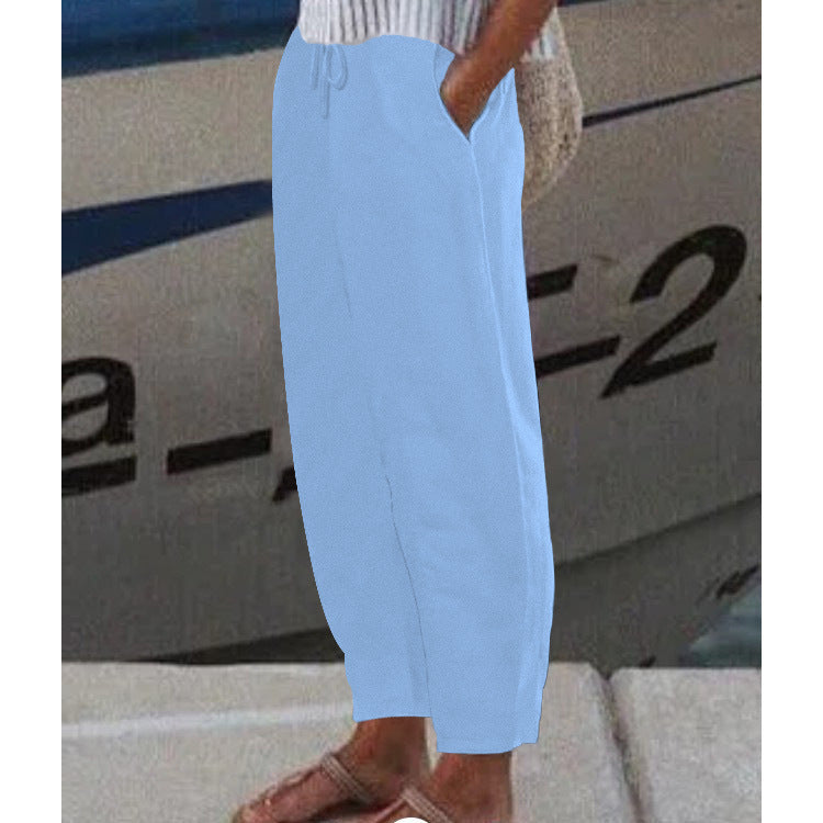 Women's Ankle Harem Pants with drawstring, side pockets, and elastic ankle cuff Mune Fashion