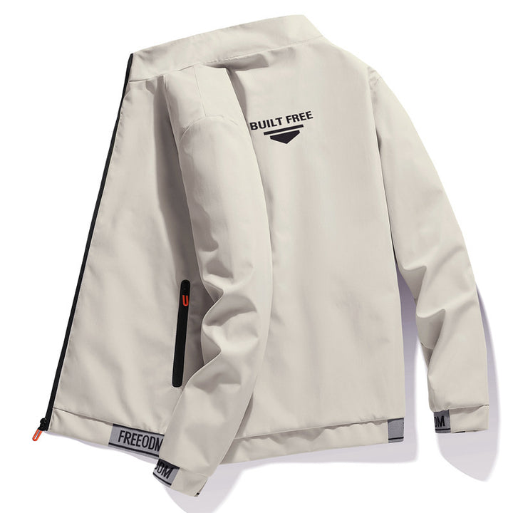 Men's lightweight windproof leisure jacket with logo print, zip pockets, and elastic hem Mune Fashion
