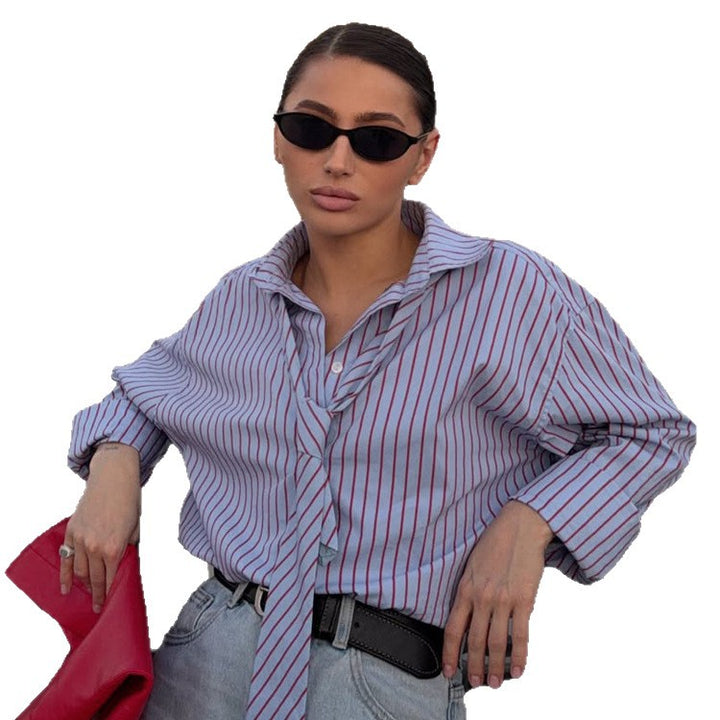 Women's Striped Blouse with Integrated Tie Detail & Oversized Cut Mune Fashion