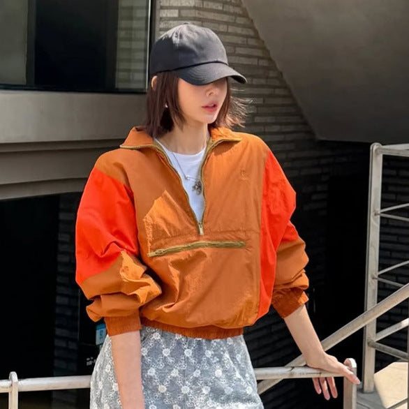 Women’s Short Cut Two-Tone Half Zip Utility Jacket with Elastic Hem and Zipper Pocket Mune Fashion