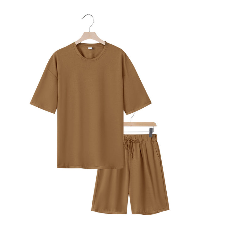Men's relaxed jersey set with extended round neck t-shirt and elastic drawstring shorts Mune Fashion