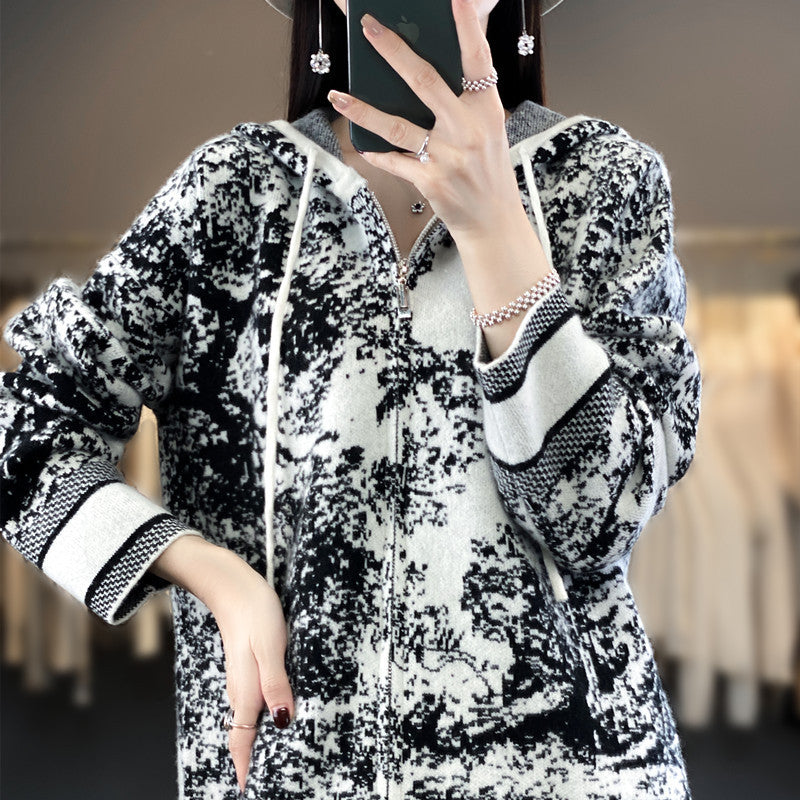 Women's Oversize Jacquard Cardigan with Hood and Zipper Mune Fashion