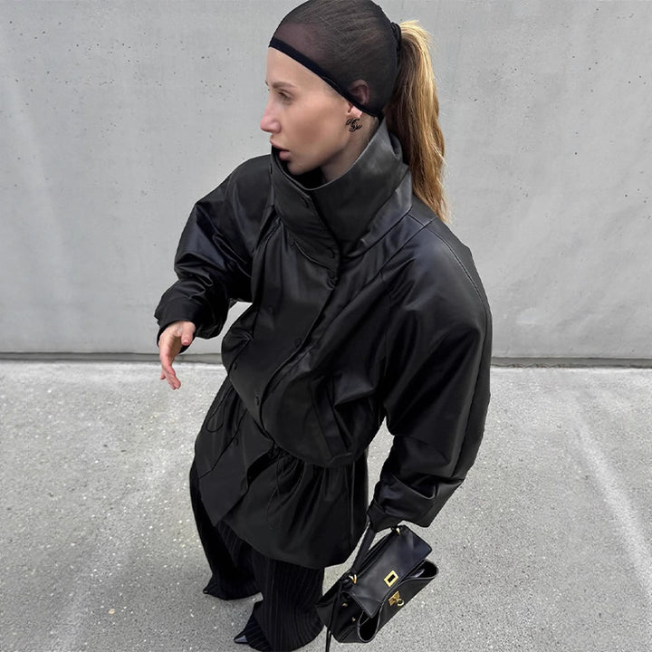 Women Oversize Faux Leather Parka with High Stand Collar and Adjustable Drawstring Mune Fashion