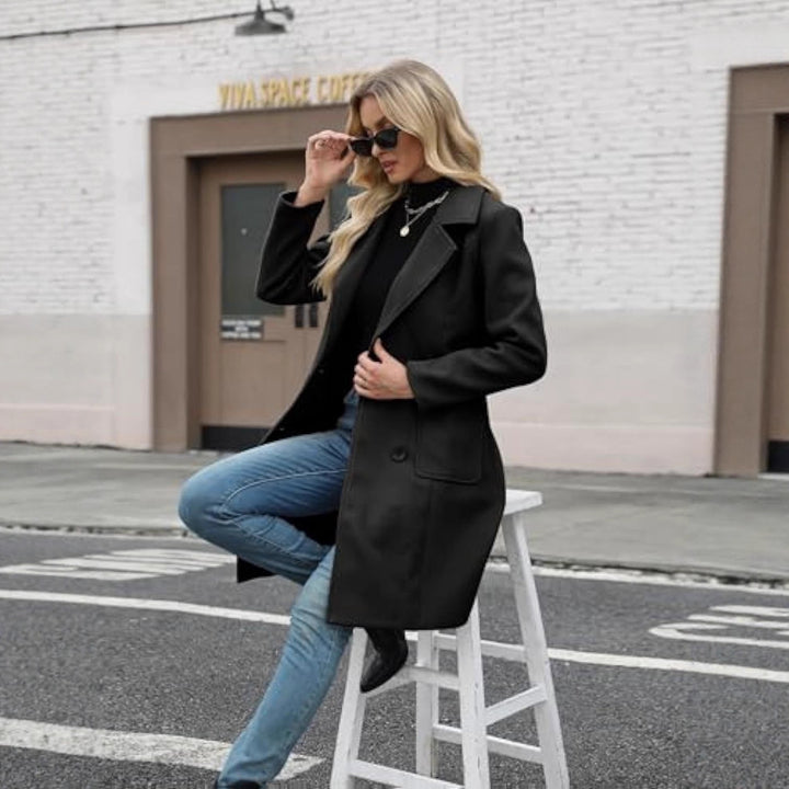 Women Classic Double-Breasted Wool Blend Coat with Tailored Silhouette and Large Flap Pockets