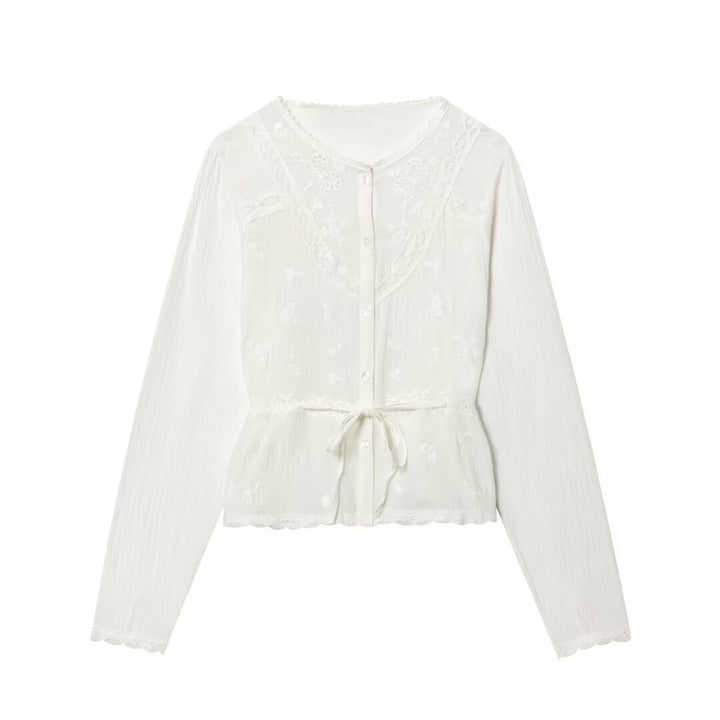 Women’s Light Embroidery Blouse with Lace Collar, Tie Waist and Button Placket Mune Fashion