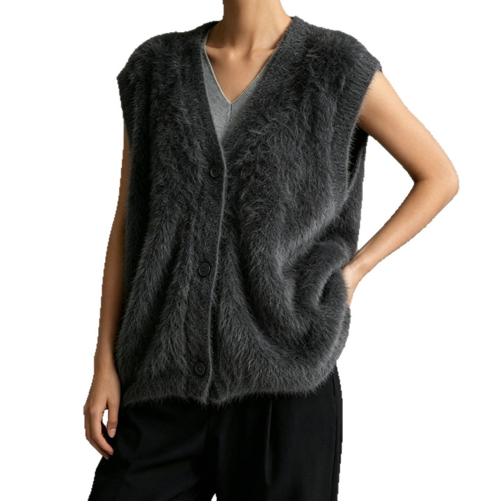 Women's Fluffy Sleeveless Button Vest made of Mohair Blend with Deep V-Neck Mune Fashion