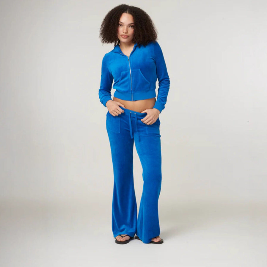 Women's Velvet Cropped Zip Jacket with Kangaroo Pocket and High-Cut Cuffed Pants Mune Fashion