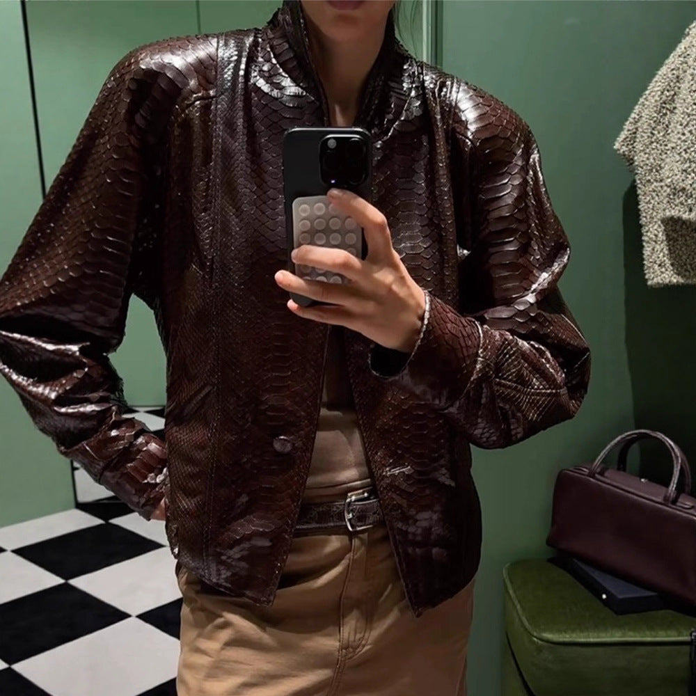 Women's Shiny Snake Pattern Leather Bomber Jacket Mune Fashion