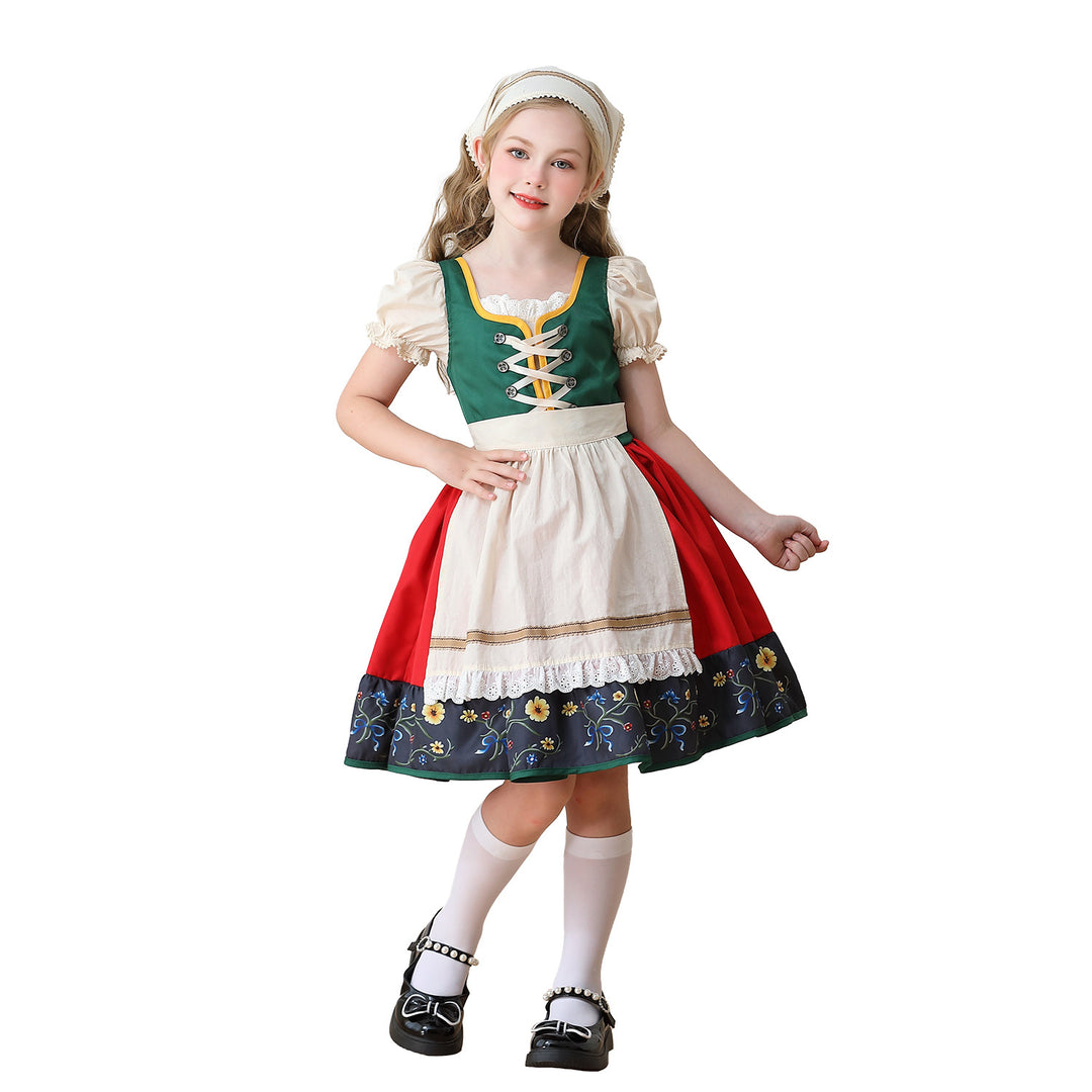 Ladies' traditional children's dirndl dress with decorative lacing apron and lace headscarf Mune Fashion