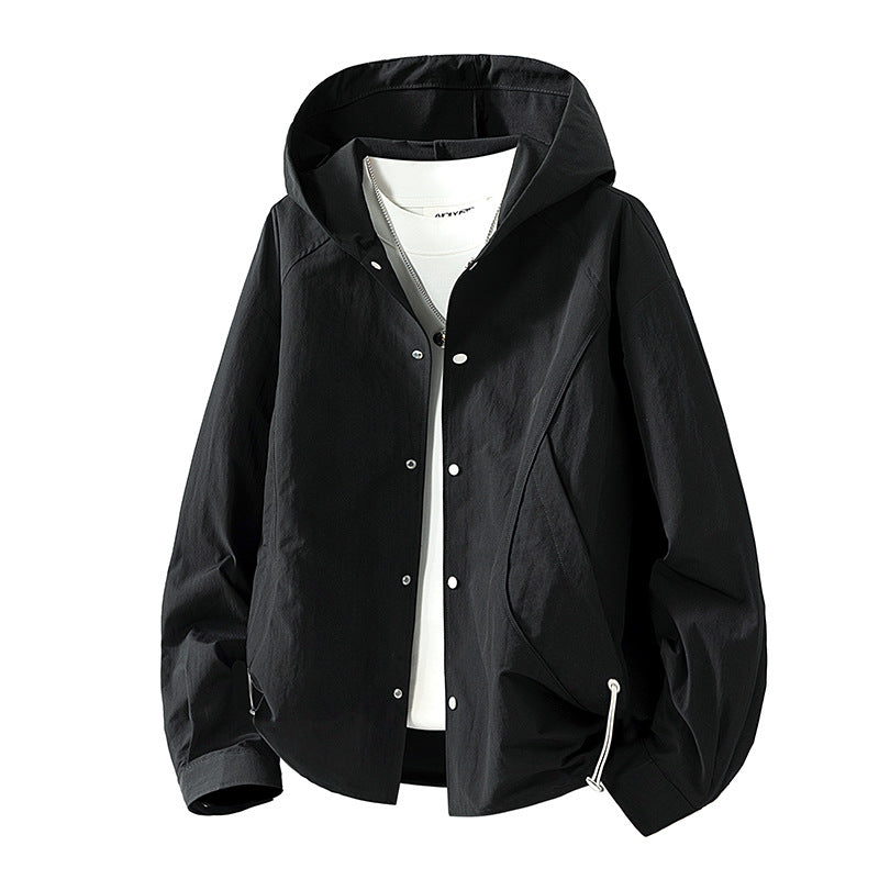Women's lightweight hooded jacket with snap front, adjustable drawstring hem, and practical side pockets Mune Fashion