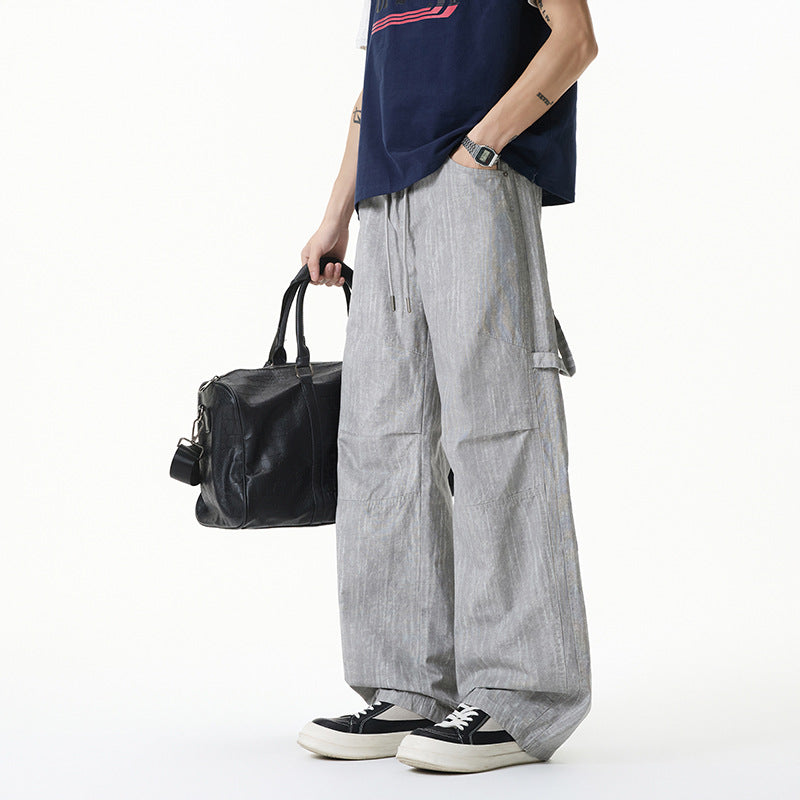 Damen Weite Leinenoptik Cargo-Bundhose mit Tunnelzug, Knieabnähern und asymmetrischer Seitentasche Mune Fashion