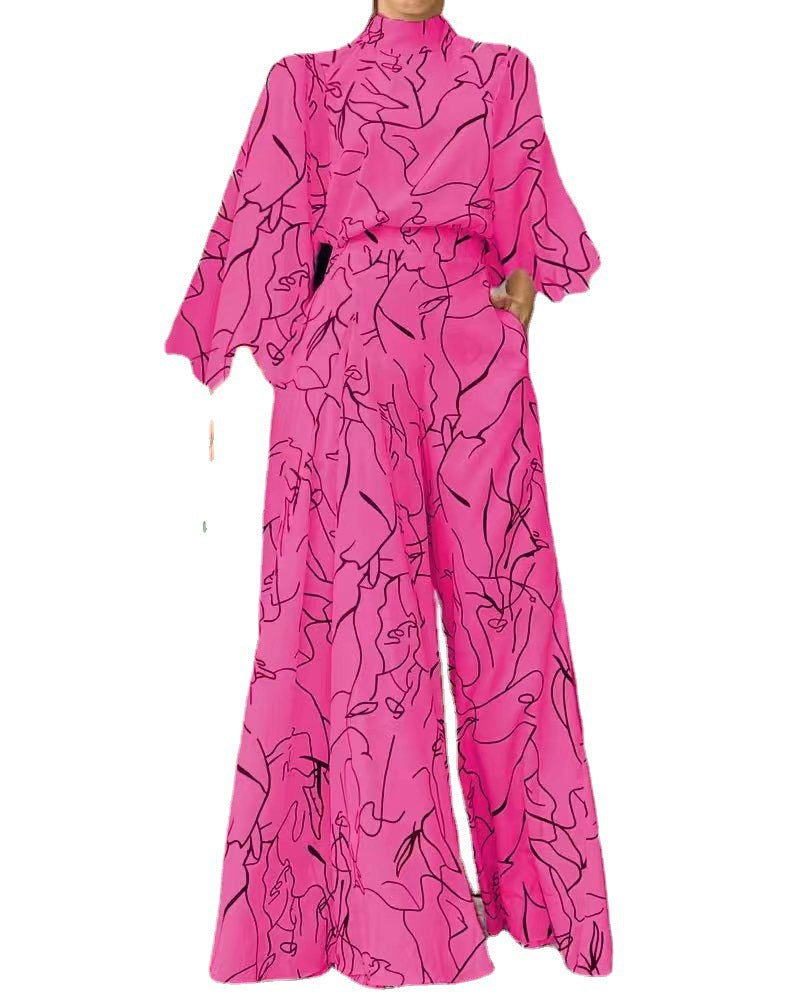 Women's Elegant Longline Jumpsuit with Stand Collar, Balloon Sleeves and Side Pockets