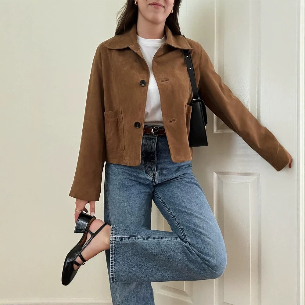 Women Short Cut Suede Jacket with Shirt Collar and Patch Pockets Mune Fashion