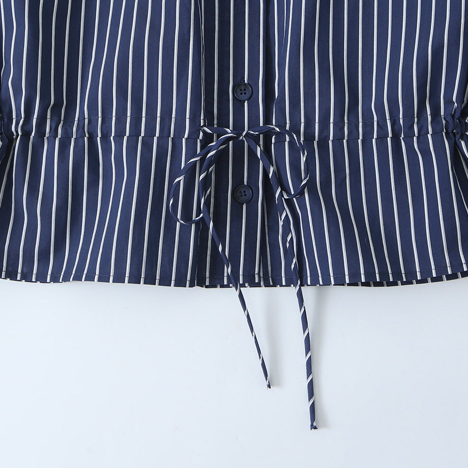 Women Striped Blouse with Stand Collar, Full Button Placket and Drawstring Waistband Mune Fashion