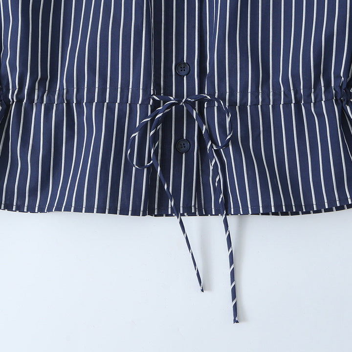 Women Striped Blouse with Stand Collar, Full Button Placket and Drawstring Waistband Mune Fashion