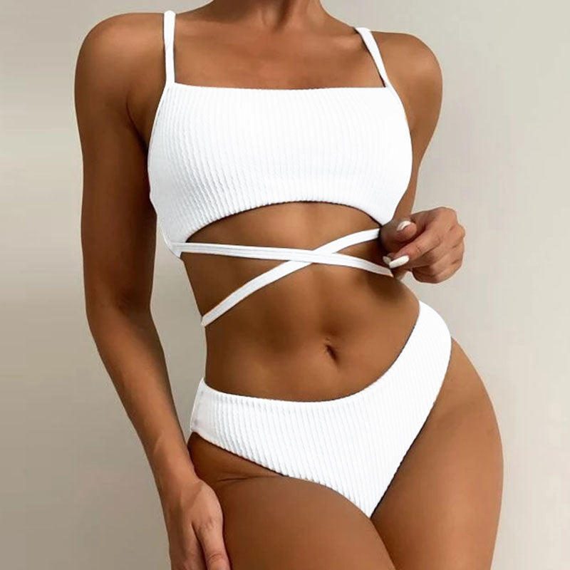 Ladies High-Cut Rib Bikini with Cross Details Mune Fashion