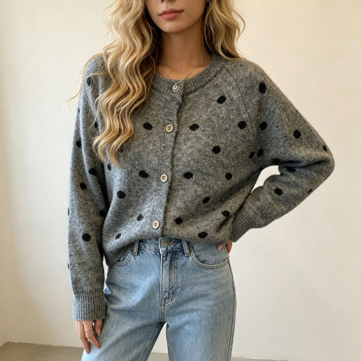 Women's Polka Dot Mohair-Style Button Cardigan with Round Neck Mune Fashion