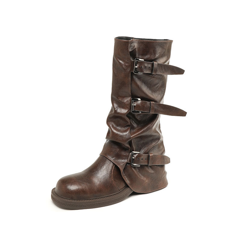 Damen Bikerstiefel mit mehrfachen Zierschnallen, gerafftem Schaft und robuster Profilsohle Mune Fashion