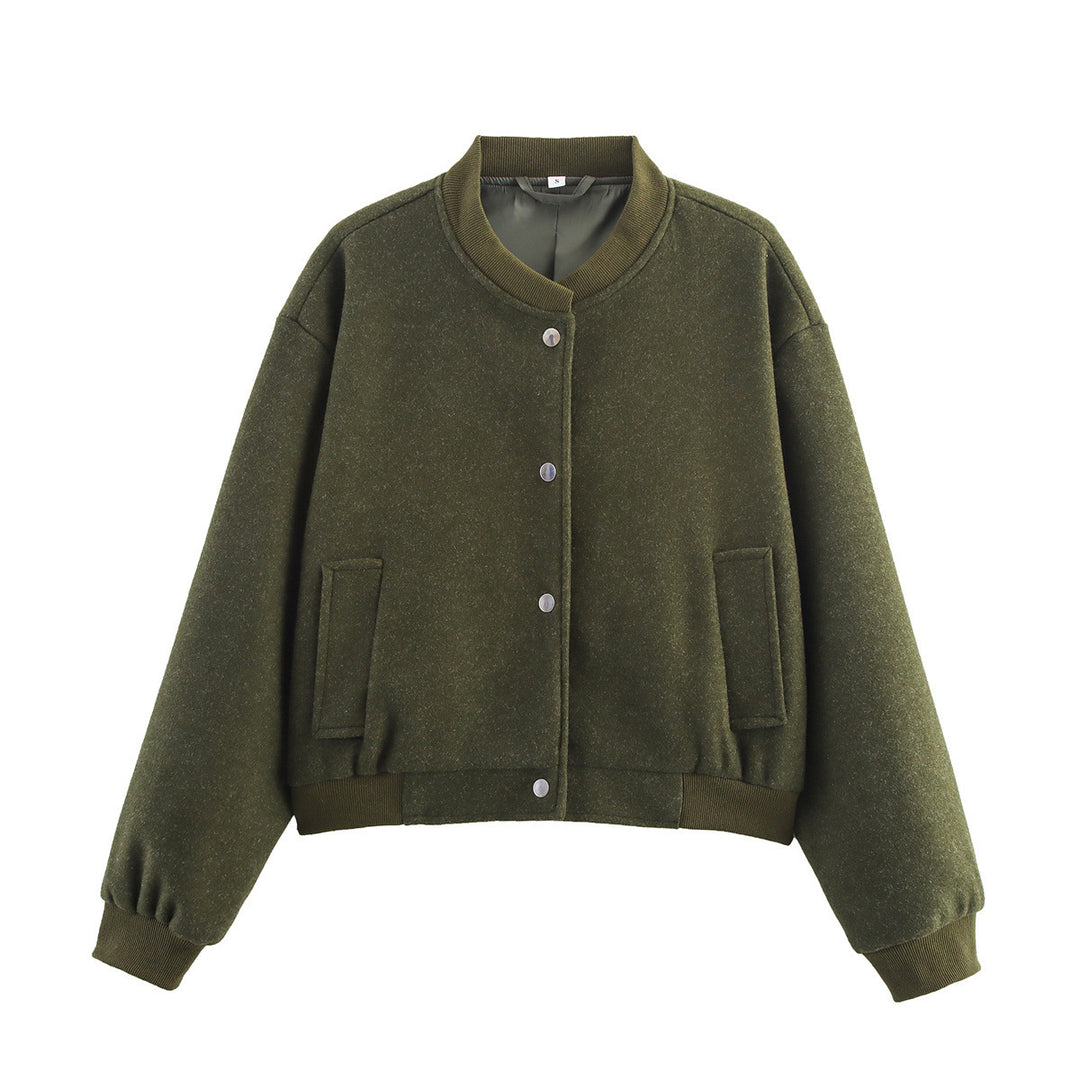 Women's short cut wool look bomber jacket with ribbed cuffs and snap button placket Mune Fashion