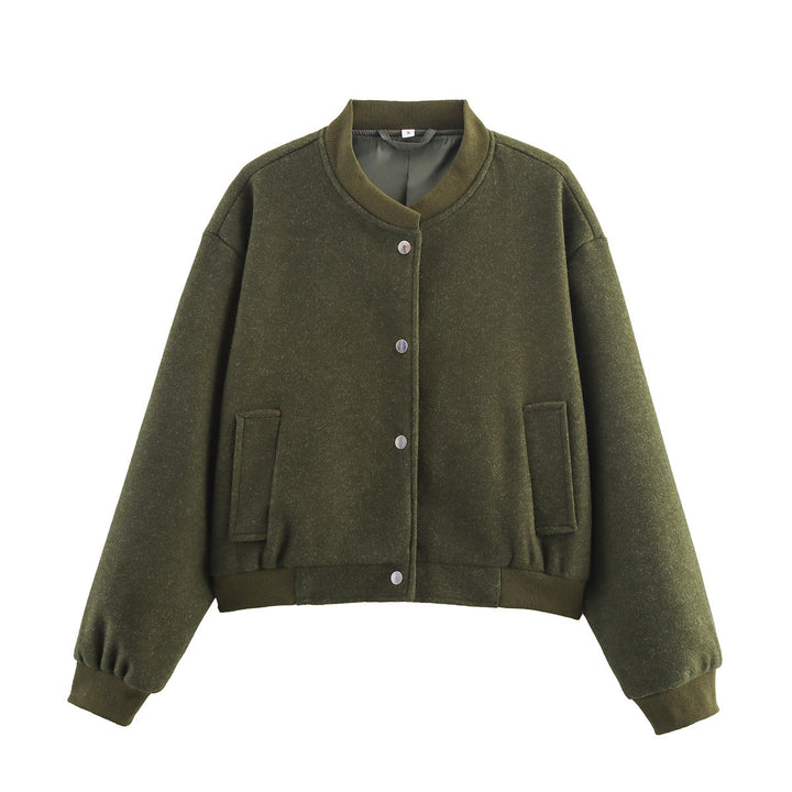Women's short cut wool look bomber jacket with ribbed cuffs and snap button placket Mune Fashion