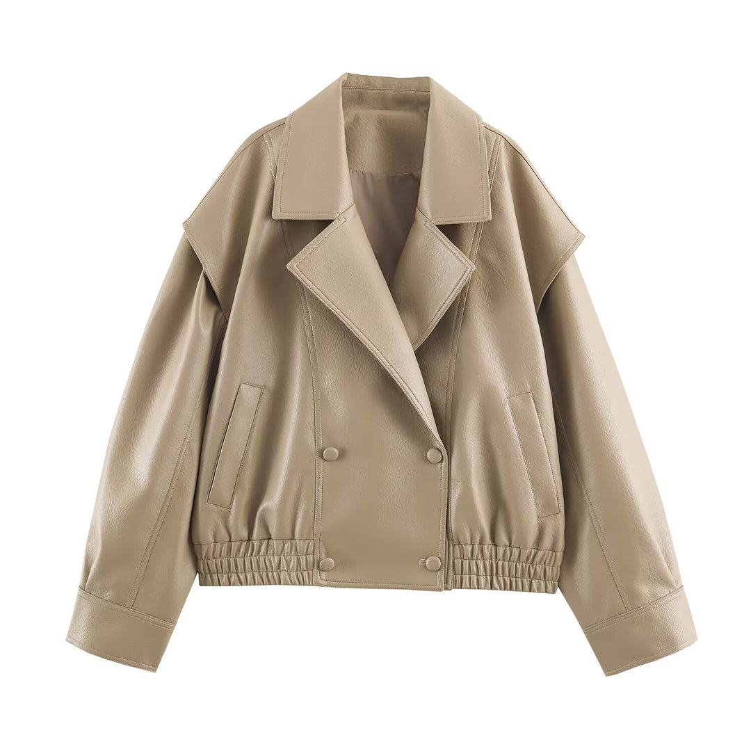 Ladies Oversized Faux Leather Jacket with Double Breasted, Wide Lapels and Elastic Hem Mune Fashion