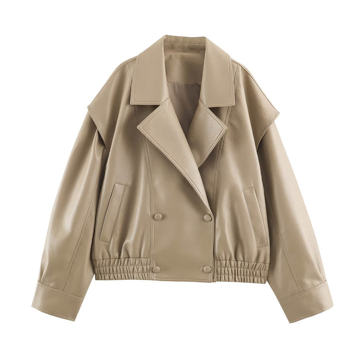 Ladies Oversized Faux Leather Jacket with Double Breasted, Wide Lapels and Elastic Hem Mune Fashion