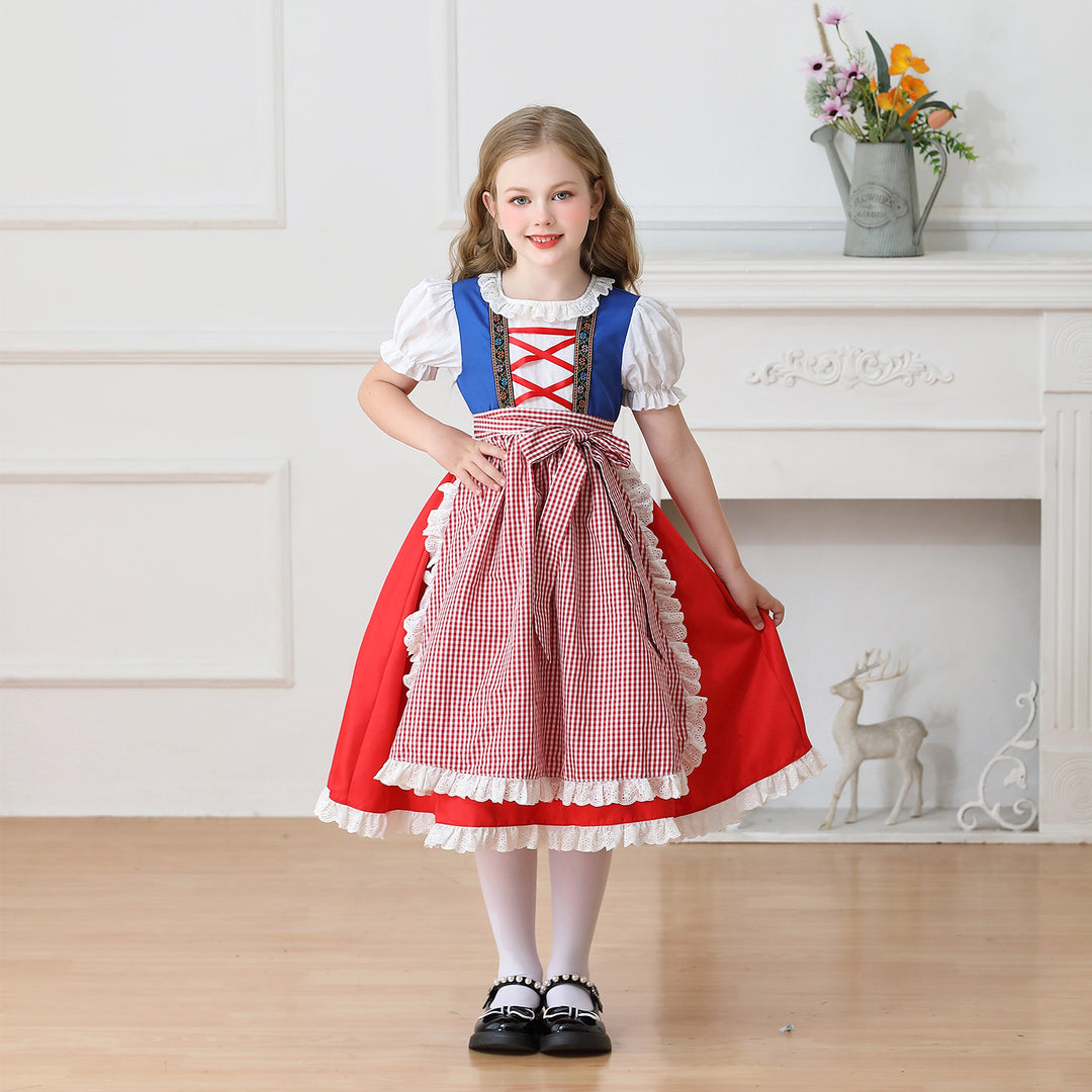 Ladies nan traditional children's dirndl dress with gathered apron and lace trim Mune Fashion
