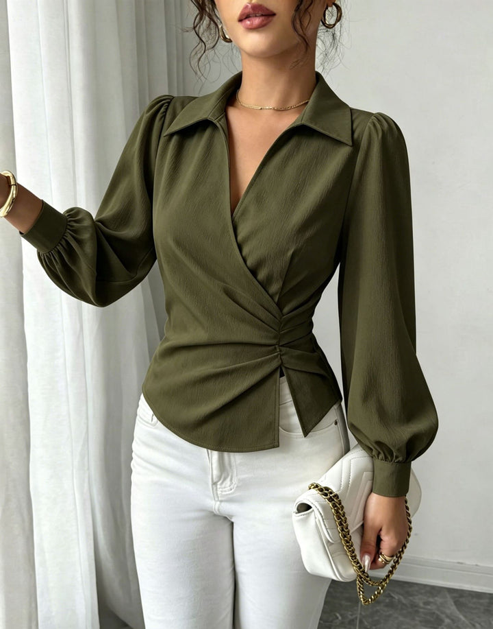 Women’s wrap blouse with waist gathering, shirt collar, and balloon sleeves Mune Fashion