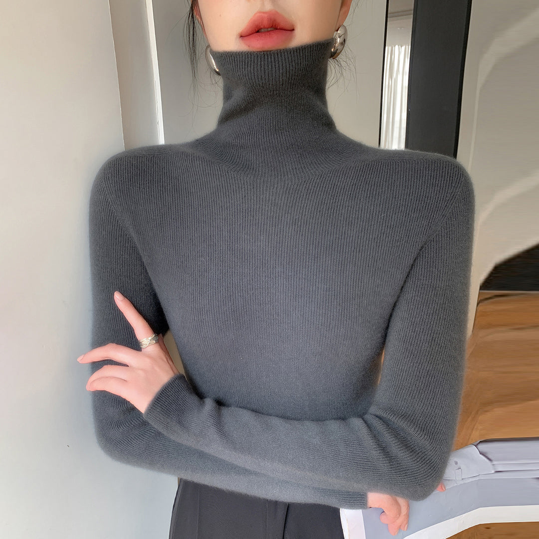 Women Slim Fine Knit Sweater with High Roll Neck and Fine Rib Structure Mune Fashion