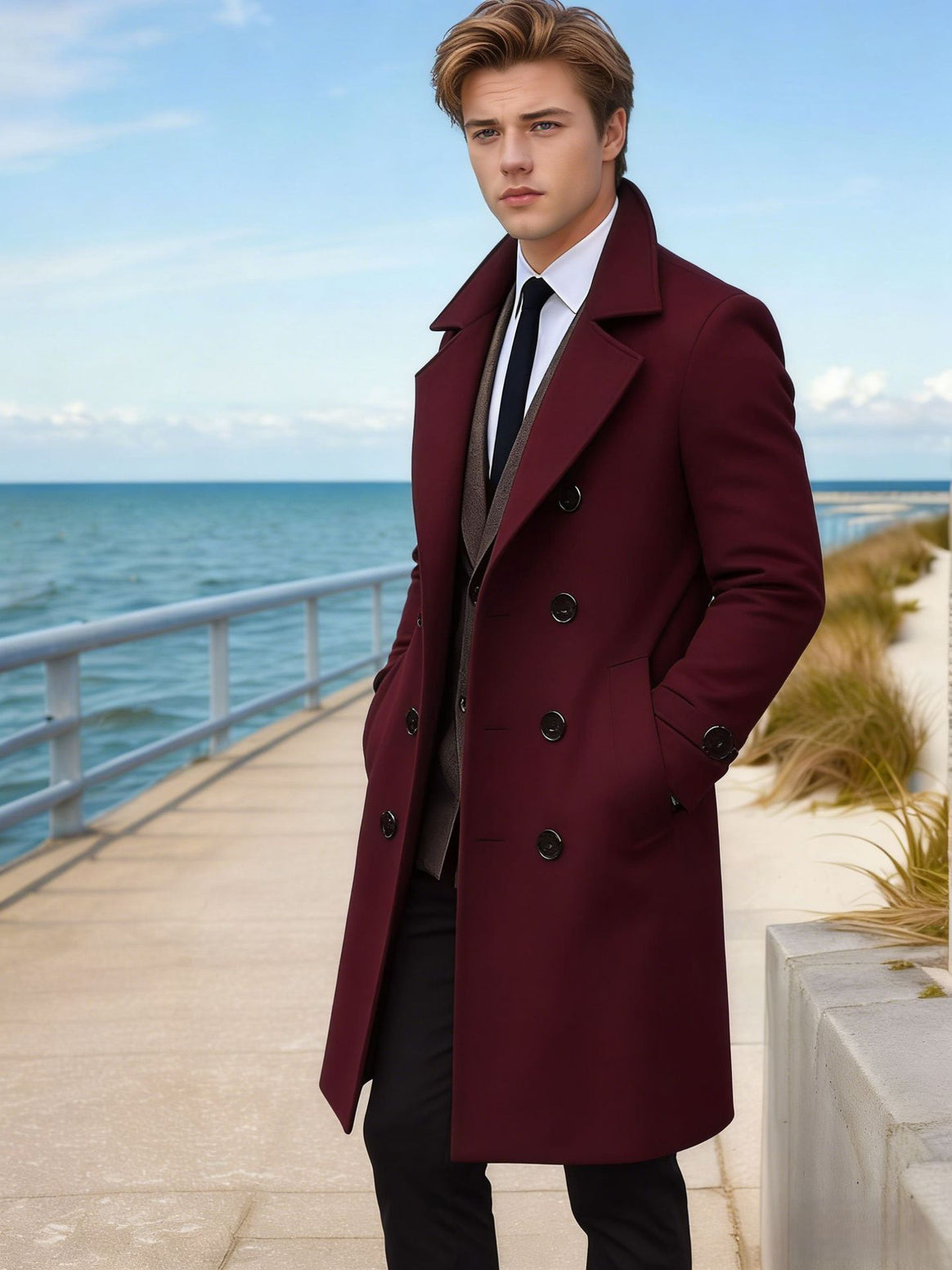 Men's Longer Tailored Wool Coat with Lapel Collar and Flap Pockets Mune Fashion